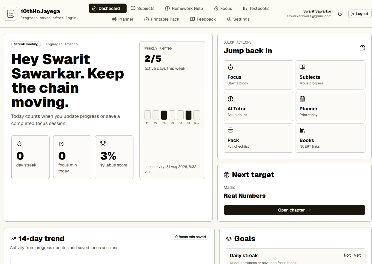 10thHoJayega study dashboard showing progress, quick actions, targets, and a weekly study rhythm