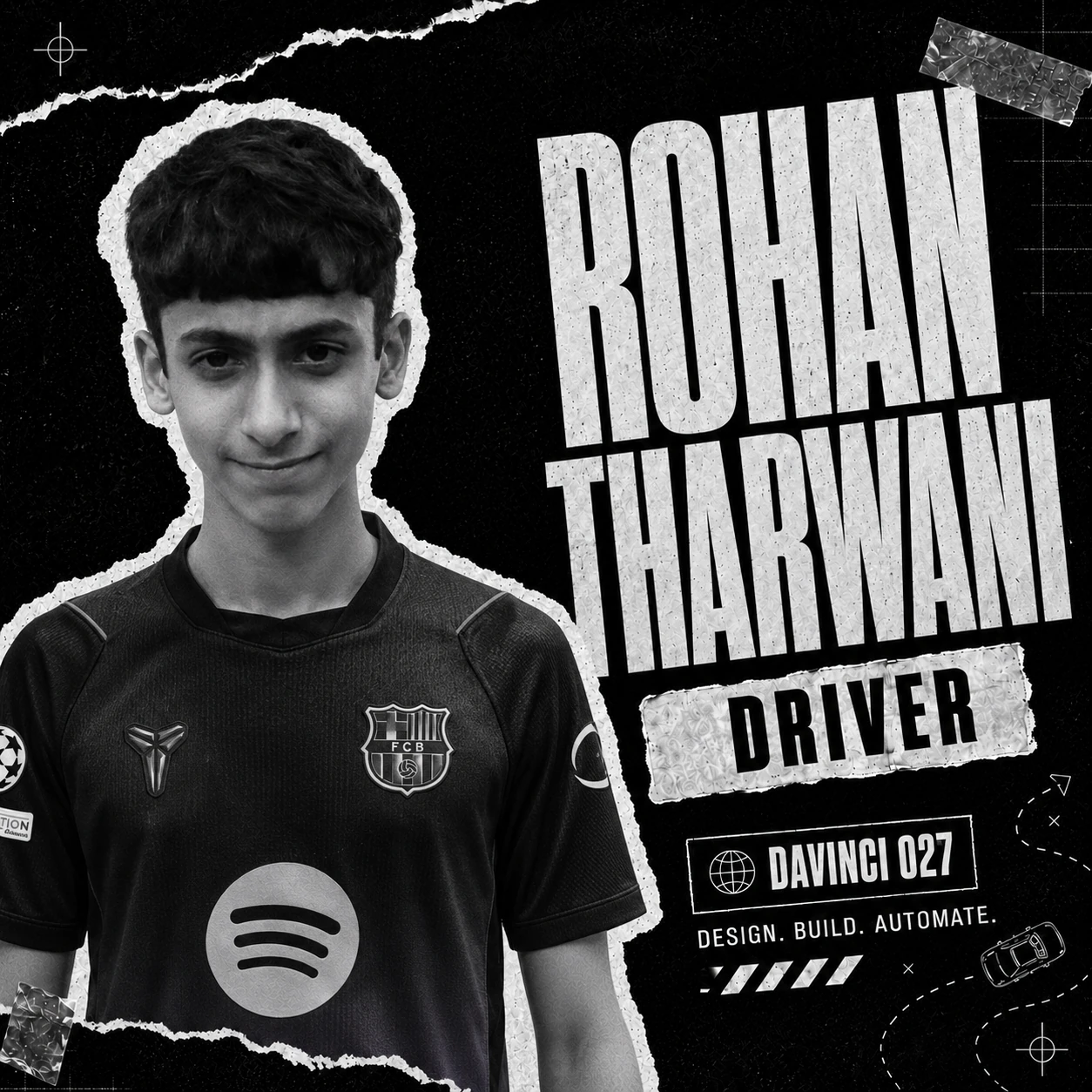 DaVinci 027 black-and-white team introduction poster: Rohan Tharwani