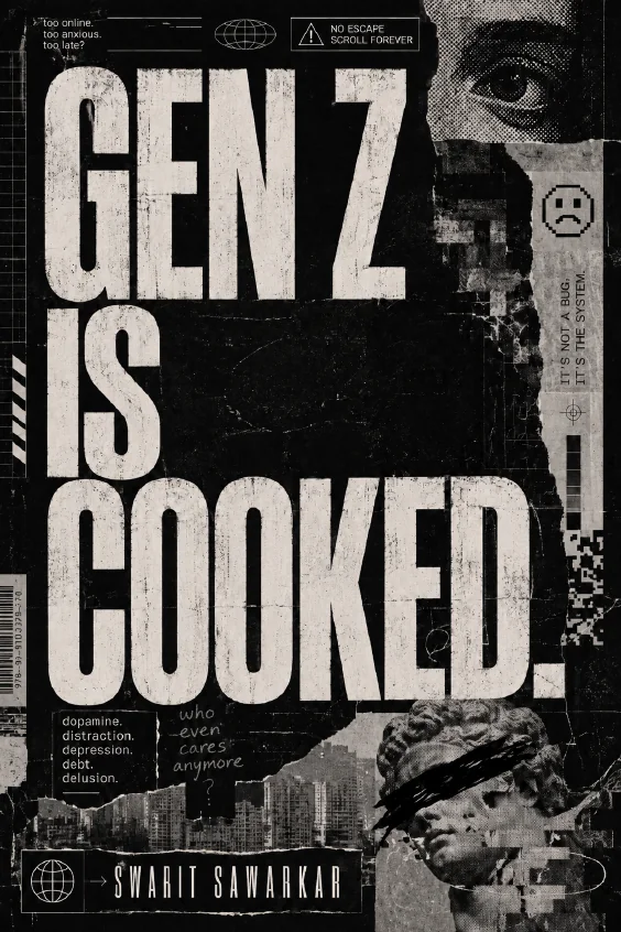 Final black-and-white GEN Z IS COOKED book cover designed by Swarit Sawarkar