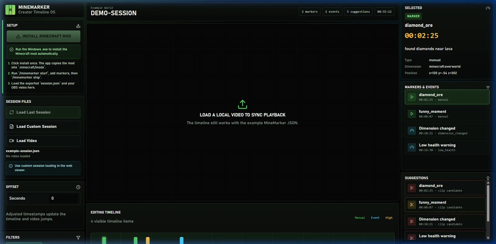 PixelCut Pro creator timeline showing Minecraft markers, events, suggestions, and video synchronization controls